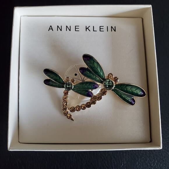 Anne Klein‎ Brooch Double Dragonfly Gold Tone Rhinestones Enamel New in Box - Picture 5 of 5